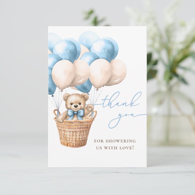Wir können schon warten | Bear Balloon Blue Baby D Dankeskarte (Stehend Vorderseite)