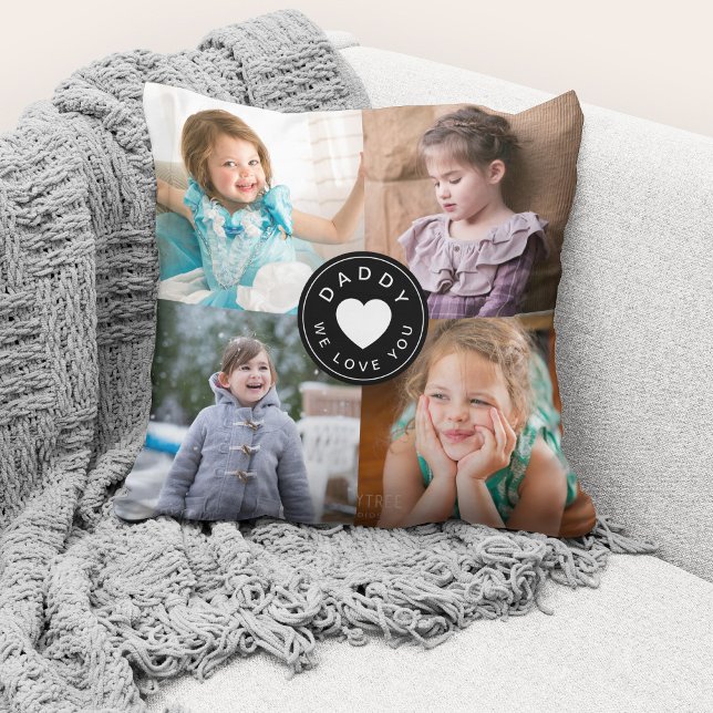 Wir Liebe Sie Daddy Modernes Schwarzes Herz 4 Foto Kissen (Cute custom photo collage "Daddy We Love You" throw pillow.)