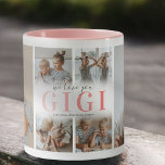 Wir Liebe Sie Gigi Foto Collage Tasse<br><div class="desc">Genießen Sie Ihre geliebte Großmutter mit einem wertvollen Geschenk, das Ihnen bei jedem Schluck Freude bringt. Diese einmalige Kaffeemaschine mit einer 6-Foto-Collage ihrer Lieblingskinder trägt eine herzliche Botschaft: "Wir Liebe Sie Gigi" in einem zauberhaften Schriftart mit rosa Farbverlauf. Eine personalisierte Touch mit den Kindernamen fügt diesem zusätzlichen Element der Liebe...</div>
