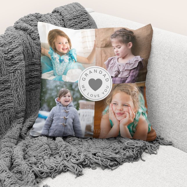 Wir Liebe Sie Großad / Niedlich 4 FotoCollage Kissen (Cute custom photo collage "Grandad We Love You" throw pillow.)