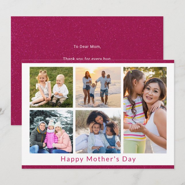 Wir Liebe Sie Mama 5 Foto Collage Pink Glitzer Karte (Vorne/Hinten)