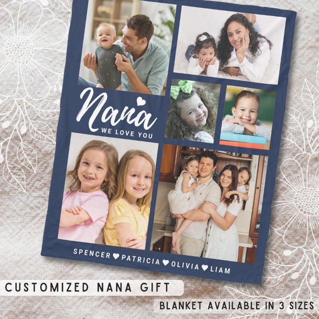 Wir Liebe Sie Nana Grandkids 6 Foto Collage Blue Fleecedecke ( We Love You Nana Grandkids 6 Photo Collage Blue Fleece Blanket)