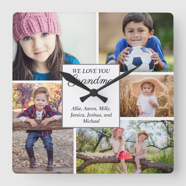 Wir Liebe Sie Oma Custom 5 Foto Kinderfamilie Quadratische Wanduhr (Vorderseite)