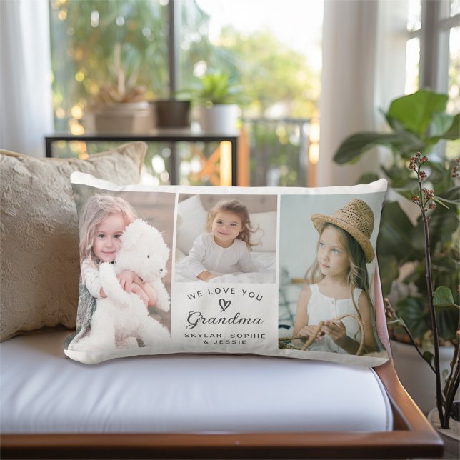 Wir Liebe Sie Oma Grandkids FotoCollage Lendenkissen (Personalize with 3 favorite photos and your text.)