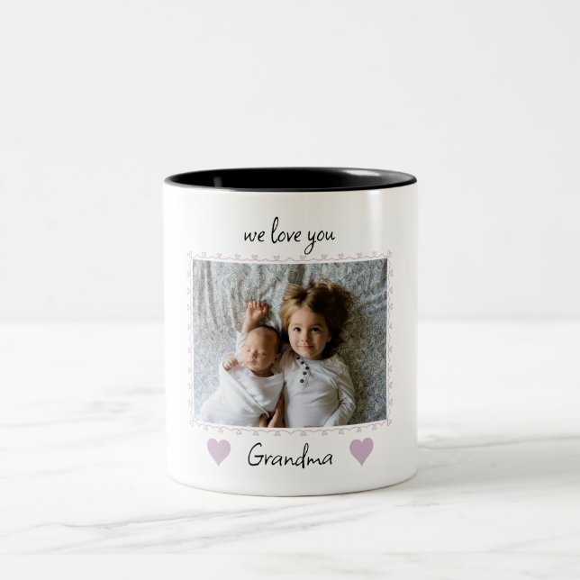 Wir Liebe Sie Oma Rosa Herz Custom Foto Zweifarbige Tasse (Mittel)