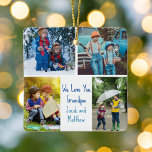 Wir Liebe Sie Opa Custom Niedlich Kids Foto Collag Keramikornament<br><div class="desc">Dieses niedliche, maßgeschneiderte, zweiseitige Weihnachtsschmuck verfügt über ein modernes Layout von 4 Fotos der Familie auf weißem Hintergrund mit blauer Typografie mit dem Titel We Liebe You Opa. Dieses wunderschöne Enkel-Foto-Geschenk beinhaltet Ihre eigene Fotocollage rund um Ihre personalisierte Nachricht und Namen. Fügen Sie ein 5. Bild auf der Rückseite dieses...</div>