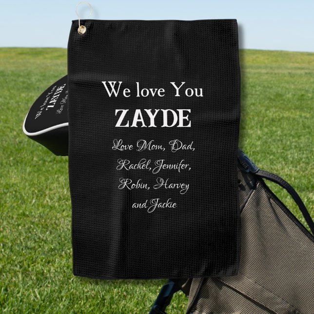 Wir Liebe Sie ZAYDE Geschenk jüdische Opa Kinder N Golfhandtuch (We Love You ZAYDE - Gift for Jewish Grandpa with Family/Kids Names Golf Towel.)
