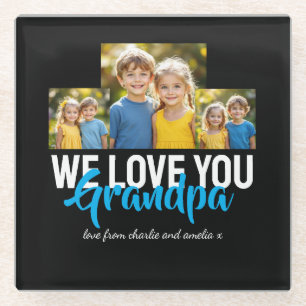 WIR LIEBEN DICH Opa Foto-Collage Blau Schrift Glasuntersetzer