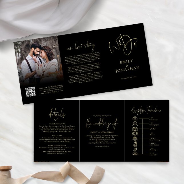 Wir machen Black Gold Foto QR Code Zeitmessung Hoc Dreifach Gefaltete Einladung (Front and back view)
