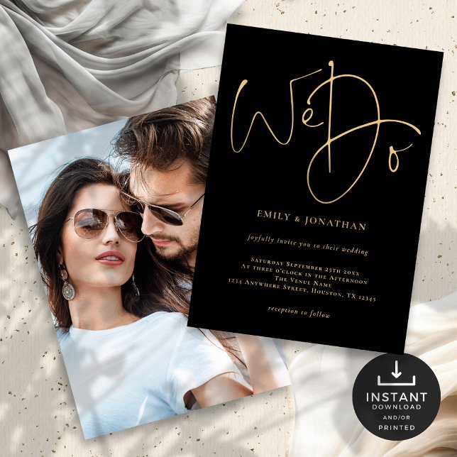 Wir machen Black Wedding mit Gold Script Foto Einladung (Front and back view - add your photo on the reverse)