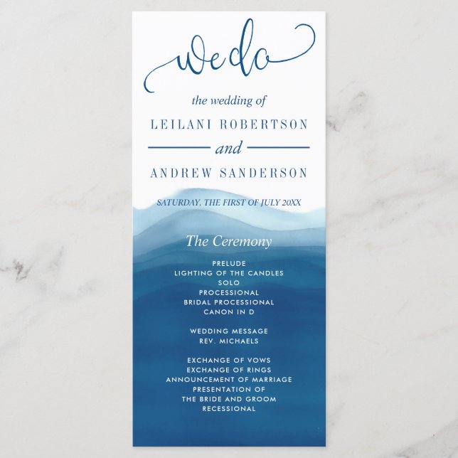 Wir machen Blue Ombre Wasserfarbenwave Hochzeit Programm (Vorderseite)