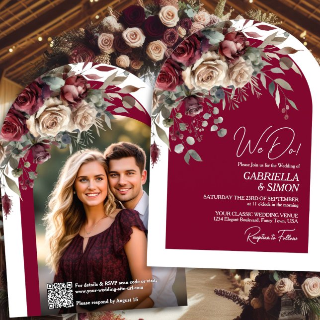 Wir machen Burgundy Rose QR Code & Foto Arch Weddi Einladung (Back/Front)