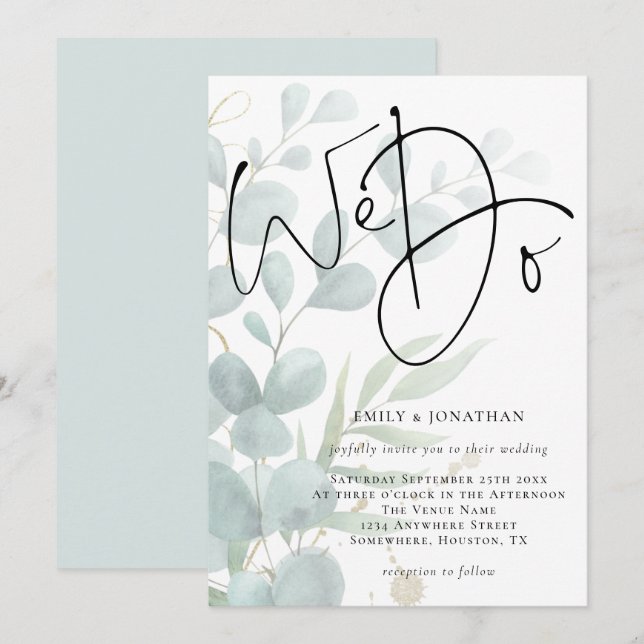 Wir machen eine moderne Skriptaufschrift Eukalyptu Einladung (Vorne/Hinten)
