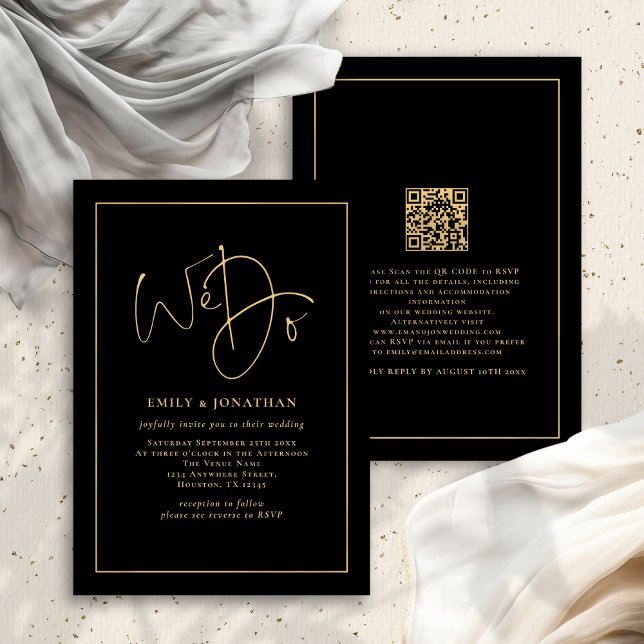 Wir machen Gold Script Line Border QR Black Weddin Einladung (Front and back view)