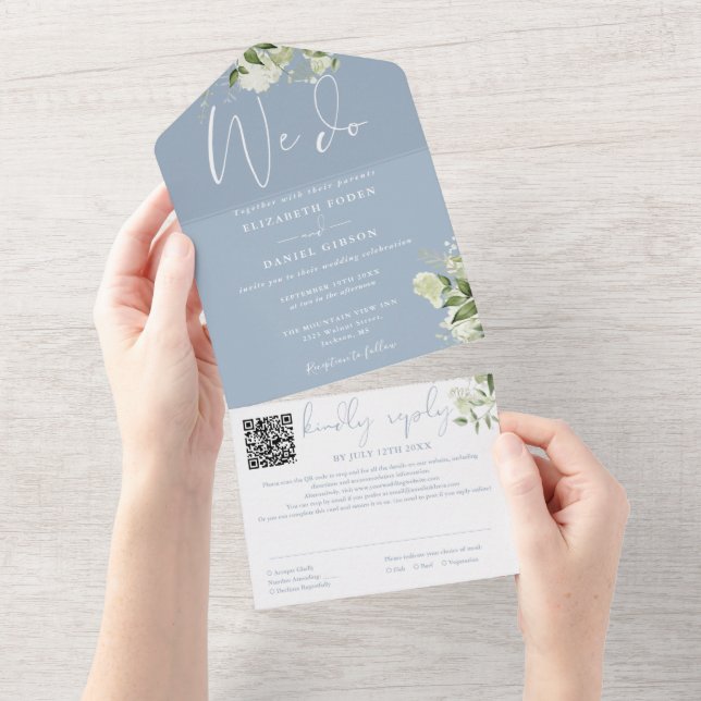 Wir machen Greenery Monogram QR Code Dusty Blue We All In One Einladung (Abreißen)