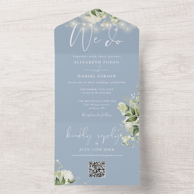 Wir machen grüne Lichter QR Code Dusty Blue Weddin All In One Einladung (Innen Boden)