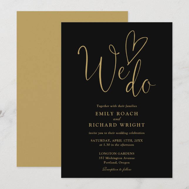 Wir machen Liebe Heart Script Black und Gold Hochz Einladung (Vorne/Hinten)