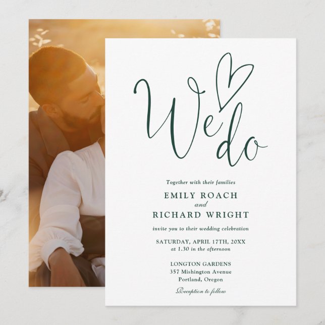 Wir machen Liebe Herz Foto Smaragdgrüne Hochzeit Einladung (Vorne/Hinten)