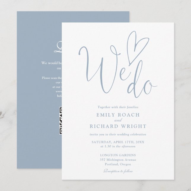 Wir machen Liebe Herz QR Code Dusty Blue Wedding Einladung (Vorne/Hinten)