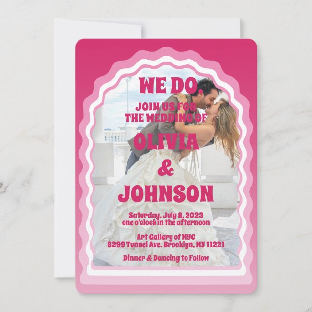 Wir machen modernes pink Magenta Retro Wavy Arch F Einladung (Vorderseite)