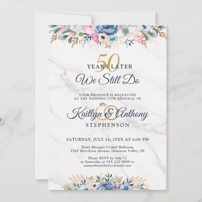WIR MACHEN NOCH Elegant Floral Gold Marine Vow Ern Einladung (Vorderseite)