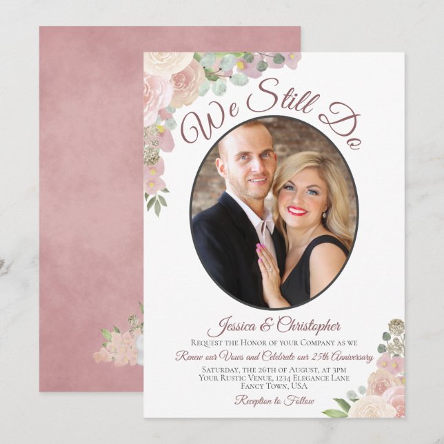 Wir machen noch immer Blush Pink Floral & Foto Vow Einladung (Vorne/Hinten)