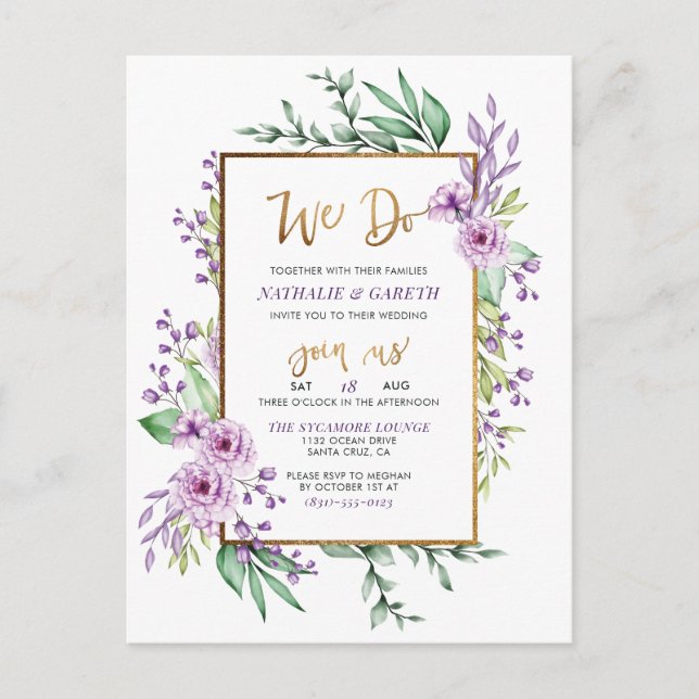 Wir machen Pastel Lila & Gold Glitzer Script Hochz Einladungspostkarte (Vorderseite)