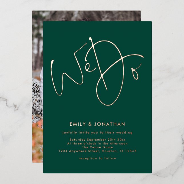 Wir machen Script Foto Emerald Green Rose Gold Wed Folieneinladung (Vorderseite/Rückseite)