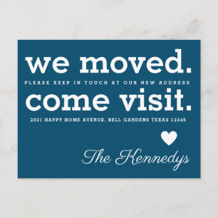 Wir moved Come Besuch Typografie New Zuhause Blue Ankündigungspostkarte