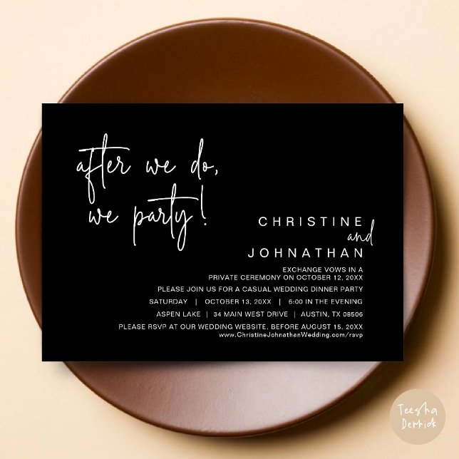 Wir Party, Hochzeitsessen, Schwarz Einladung (After We Do, We Party, Modern Romantic Wedding Dinner Invitation Card, PDF, in Classy Black)