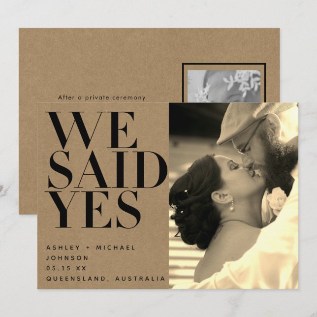 Wir sagten Yes Kraft Sepia Foto Hochzeitsankündigu Einladung (Vorne/Hinten)