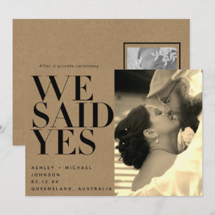 Wir sagten Yes Kraft Sepia Foto Hochzeitsankündigu Einladung