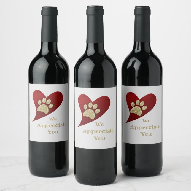 Wir schätzen Sie Red Heart Gold Paw Print Danke Weinetikett (Flaschen)