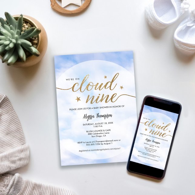 Wir sind auf Cloud 9 Baby Dusche Geschlecht Neutra Einladung (Cloud 9 baby shower theme gold and blue digital and print invitation.)