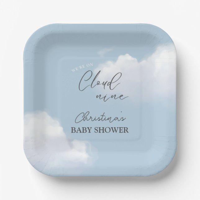 Wir sind auf Cloud 9 Blue Boy Baby Shower Pappteller (Vorderseite)