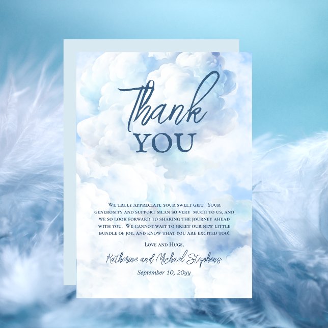 Wir sind auf Cloud Nine Blue Boy Baby Dusche Dankeskarte (Blue Watercolor Boy Baby Shower Thank You Card - "We Are On Cloud Nine" Collection)
