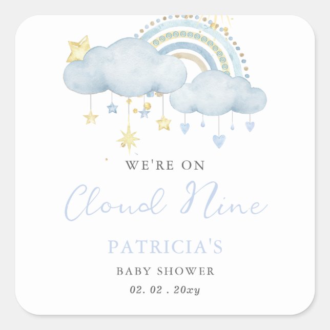 Wir sind auf Cloud Nine Boy Baby Dusche Quadratischer Aufkleber (Vorderseite)