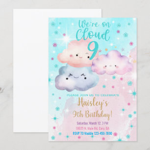 Wir sind auf Cloud Nine Mädchen 9. Geburtstag Einl Einladung
