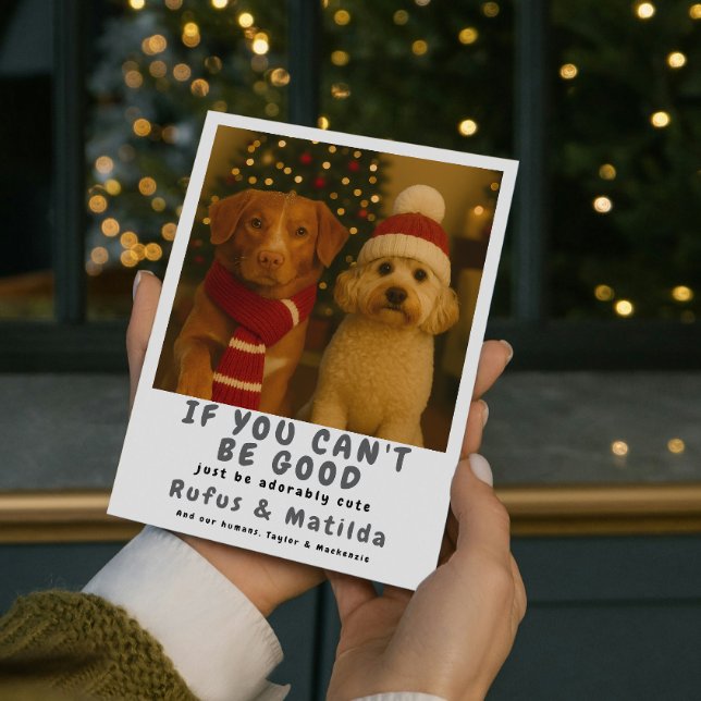 Wir sind auf der Naughty List Hund Weihnachten Fot (We Are on The Naughty List Dog Christmas Photo Holiday Card by Ricaso. Paw print pattern on back)