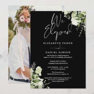 Wir sind durchgebrannt Grüne Florale Foto-Hochzeit Einladung