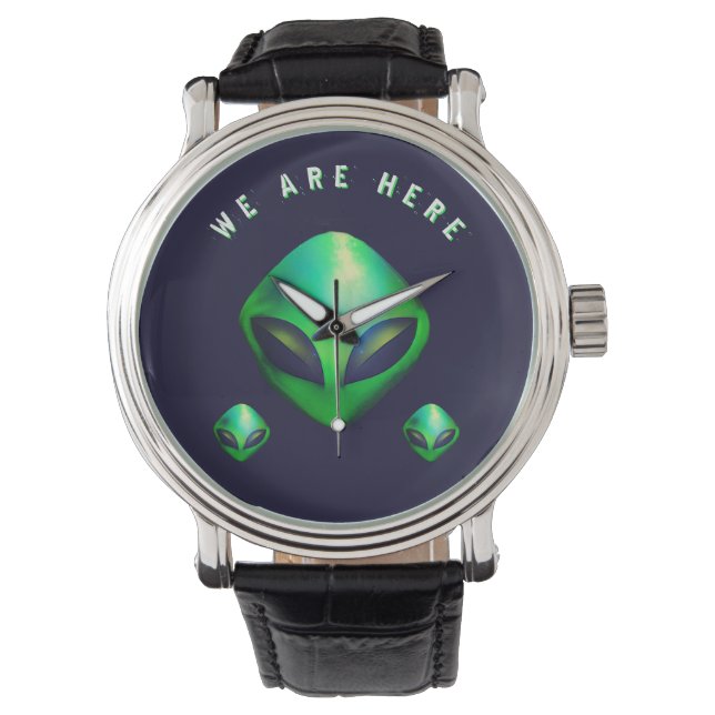 "Wir sind hier" grüner Alien-Kopf Armbanduhr (Vorderseite)