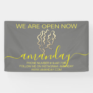 Wir sind jetzt geöffnet Logo Grau Gold Friseur Banner