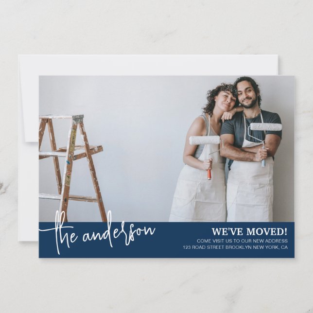 Wir sind moderne Minimalistische Navy Blue Moving Ankündigung (Vorderseite)