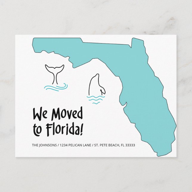 Wir sind nach Florida Map und Delphinen New Zuhaus Ankündigungspostkarte (Vorderseite)