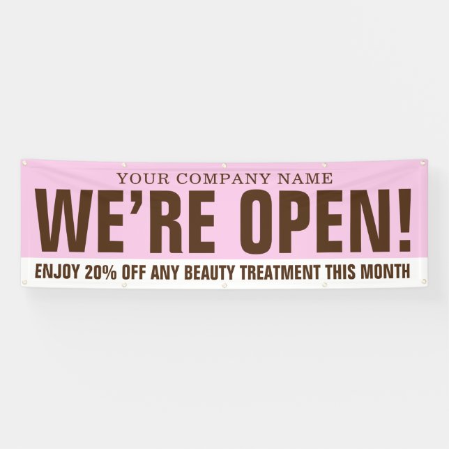 Wir sind offen Beauty-Geschäft rosa braun weißen P Banner (Horizontal)
