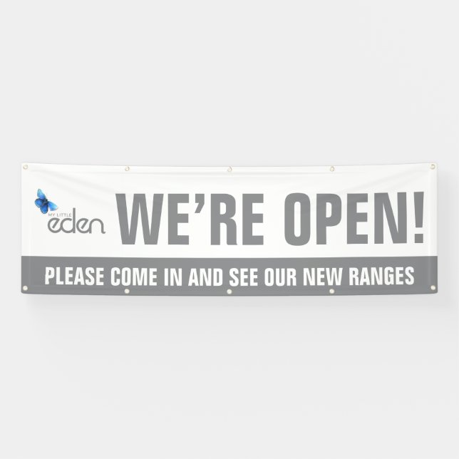 Wir sind offen Business graues Logo und Nachricht Banner (Horizontal)