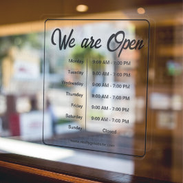 Wir sind offen Geschäftszeiten Time Black Script Fensteraufkleber