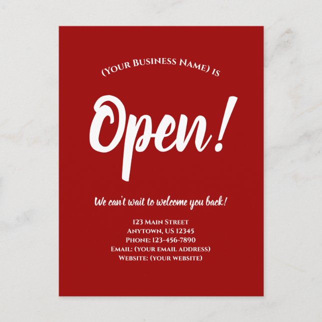 Wir sind Open Business Wiedereröffnung Ankündigung Postkarte (Vorderseite)