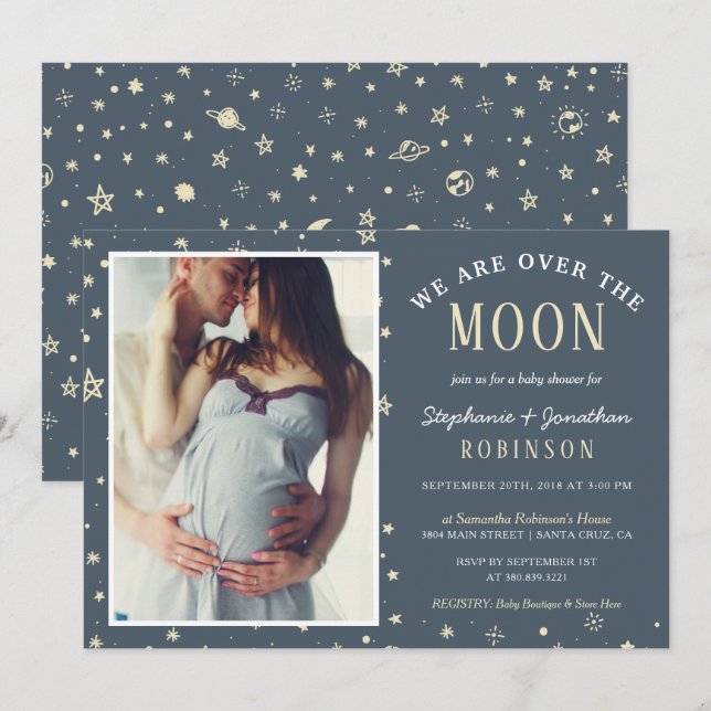 Wir sind über dem Mond Foto Babydusche Einladung (Vorne/Hinten)