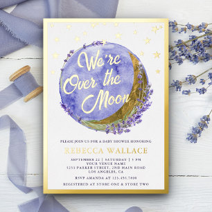 Wir sind über dem Mond Lavendel Baby Dusche Gold Folieneinladung